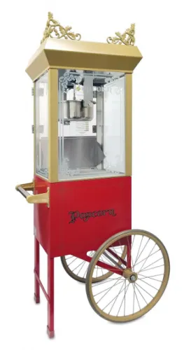 Vintage-style popcorn machine on a two-wheel cart for rent in Chicago, includes 50 servings