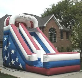 Red, white and blue patriotic 18' single lane inflatable slide with stars and stripes design