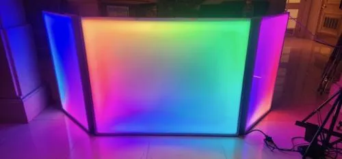 LED acrylic light-up DJ booth facade glowing in color-changing hues at a Chicago event