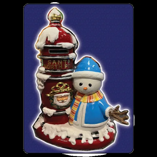 5-foot festive Santa and Snowman holiday mailbox rental used as a Christmas photo backdrop in Chicago