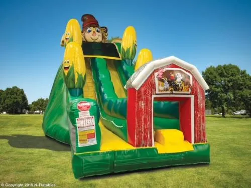 Scarecrow Corn Slide inflatable with fall scarecrow and corn digital print for Chicago autumn events