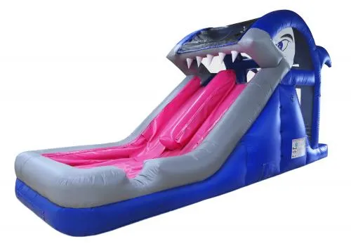 Two-lane inflatable Shark Slide with climbing wall, misting feature, and splash pool for Chicago parties