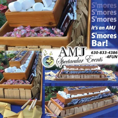 S'mores Bar concession station displaying sweet treats for events, available to rent from AMJ Spectacular Events in Chicago
