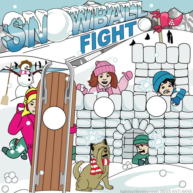 Snowball Fight ball toss game rental, a colorful 7x7 frame game with soft fleece snowballs and targets