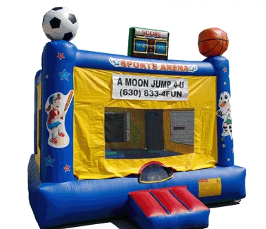 Sports Arena bounce house with soccer ball, basketball, and scoreboard graphics for kids' events