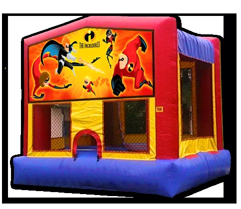 Incredibles superhero-themed bounce house rental featuring Mr. Incredible and family for Chicago parties