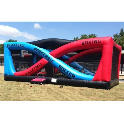 Sports Fusion 4 n 1 multi-sport inflatable with basketball hoops, soccer and volleyball nets for rent in Chicago