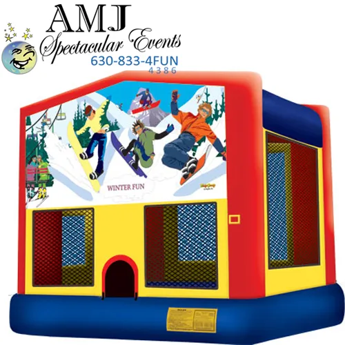 Winter Fun (M) bounce house with snowy slopes and snowboarders for Chicago winter and holiday events