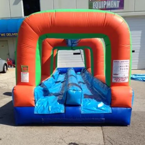 Colorful 33-foot double lane inflatable Slip N Slide with a splash pool at the end, available for rent in Chicago.