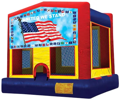 American Flag (M) patriotic bounce house with a border of international country flags