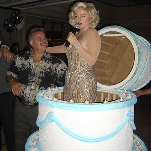 Custom Birthday Jump Out Cake rental with electrical candle lights for indoor surprise reveals in Chicago