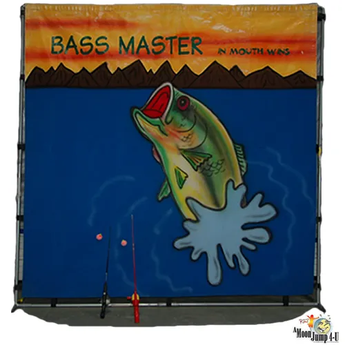 Bass Master fishing frame game rental with velcro-tipped poles for catching the bass by the mouth