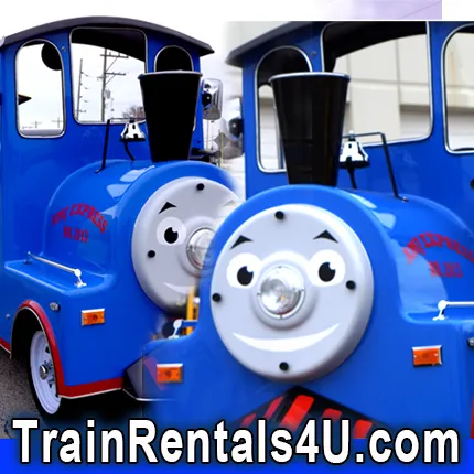 Bright blue AMJ Express electric trackless train with engine and three passenger coach cars for kids and adults