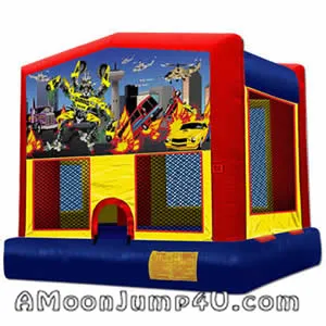 Transformers themed bounce house rental featuring Optimus Prime, Bulkhead, and Prowl from AMJ in Chicago