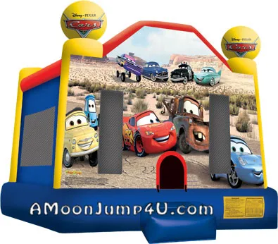 Cars-themed bounce house rental featuring Lightning McQueen and friends from AMJ Spectacular Events in Chicago