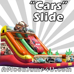 Disney's Cars 18' double lane slide with 3D Lightning McQueen and Mater theming for rent in Chicago