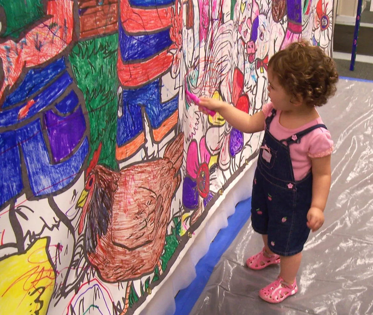 Giant themed coloring mural rental with crayons, a group coloring activity for Chicago kids' events