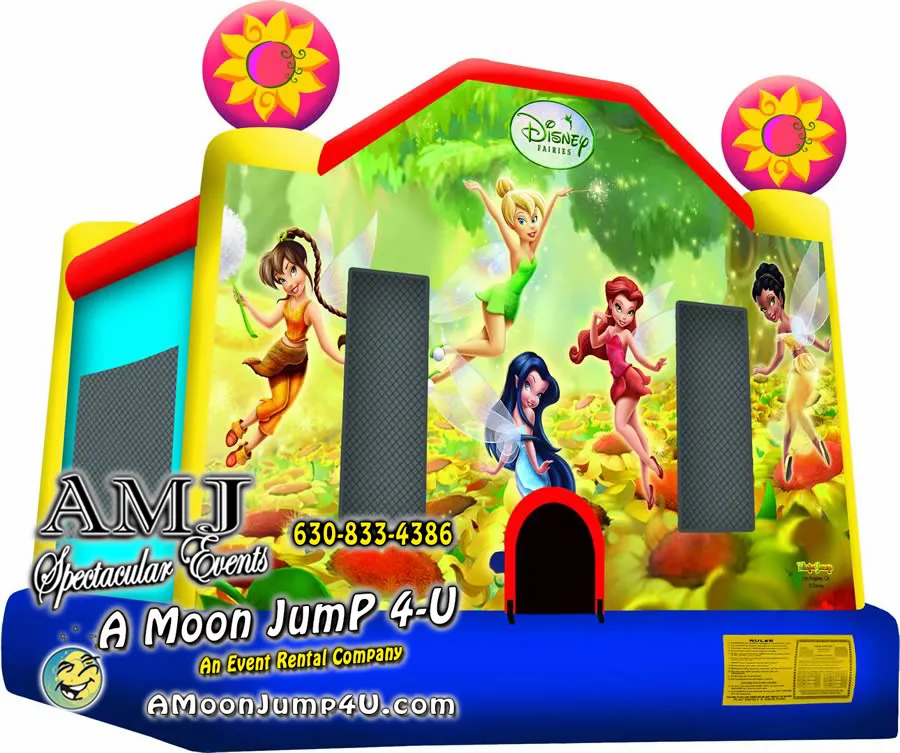 Disney's Tinkerbell and Fairy Friends bounce house rental with colorful sunflower field design for kids' parties in Chicago