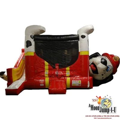 Fire Dog Combo bounce house rental with bounce area, climbing wall, and slide in Chicago