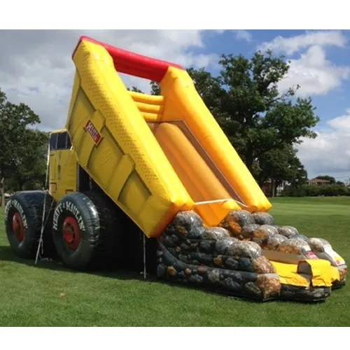 Heavy Haulin inflatable dump truck slide rental with realistic artwork and single lane slide from AMJ.