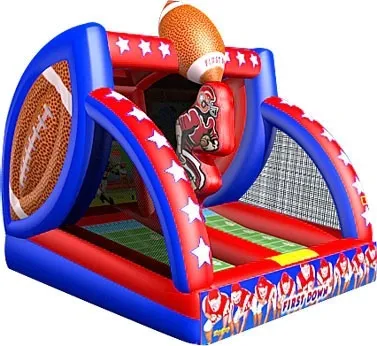 Inflatable First Down Competition Football Toss rental with two lanes, receiver artwork, and 3D footballs on top