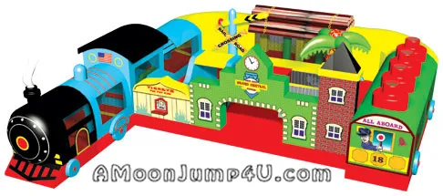 Fun Train Express kids' inflatable obstacle course rental with train station theme and mesh sides