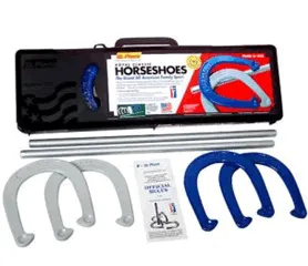 Classic horseshoes lawn game rental set up for an outdoor picnic event in Chicago