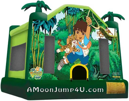 Go Diego Go themed bounce house rental with colorful adventure graphics for kids' parties in Chicago
