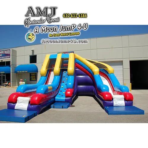 Helix 19' Double Lane Inflatable Slide rental with two racing lanes and rock-climb center column