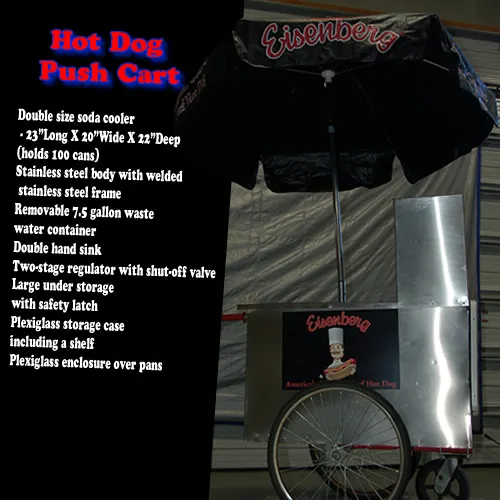 Hot dog push cart rental with shade umbrella, soda cooler, and hand sink for Chicago events