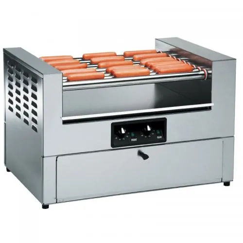 Hot dog roller grill with warming bun cabinet for concession rentals at Chicago events