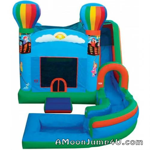 Hot Air Balloon Combo inflatable with bounce area, slide, basketball net and splash pool for rent in Chicago