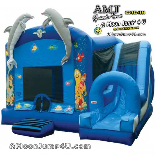 Jump & Splash Under the Sea Combo bounce house with climbing wall, slide, and basketball hoop