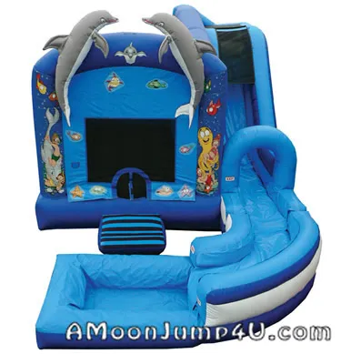 Under The Sea 4-in-1 inflatable bounce house with basketball hoop, slide, and splash pool water rental