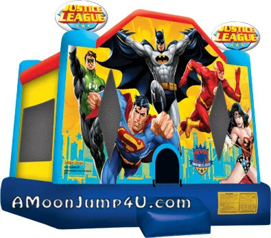 Justice League superhero-themed bounce house rental with Superman, Batman and Wonder Woman graphics