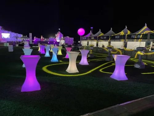 Glowing LED High Boy cocktail tables available for rent from AMJ Spectacular Events in Chicago