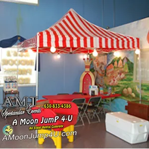 10' x 10' red and white striped pop-up carnival tent booth with side skirts for events