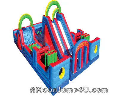 60ft Extreme double-lane inflatable obstacle course rental ending in a 16ft slide from AMJ in Chicago