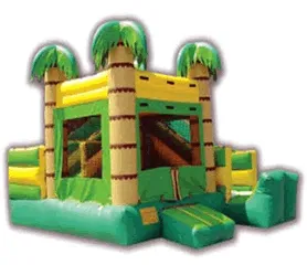 Tropical Palm Tree Combo inflatable with bounce area, climbing wall, and slide in a tropical theme