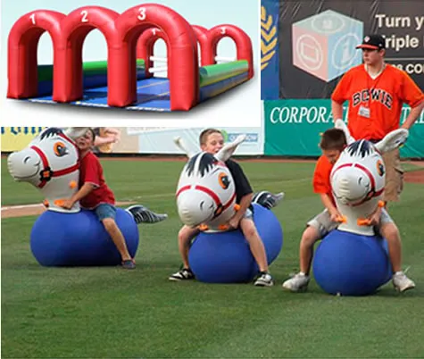 Inflatable Derby Race rental with a 3-lane track and pony hops for a Chicago event