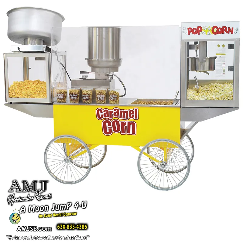 Caramel or cheese corn concessions cart serving fresh popcorn and Chicago mix at an event
