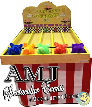 Pork Chop Speedway pig-racing game rental with five racing pigs at a Chicago event