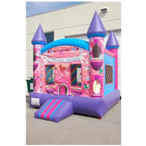 Pretty Pink Castle inflatable bounce house rental with turrets, ideal for kids' birthday parties in Chicago