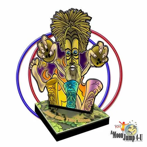 Tiki Man life-size hula hoop toss carnival game rental with platform box and hoop