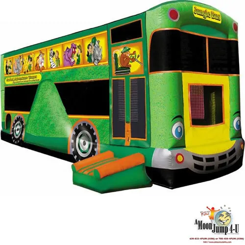 Safari Adventure Tour Bus inflatable, a 32-foot jungle-themed bounce house with slide, climbing wall, and basketball hoop