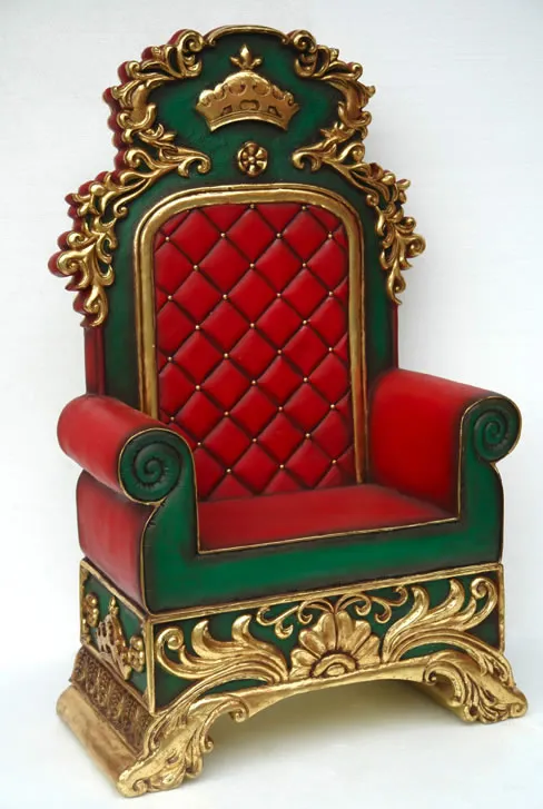 Santa's ornate red and green throne chair for holiday parties and photos with Santa in Chicago