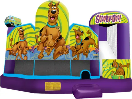 Scooby-Doo Combo bounce house with basketball hoop, climbing wall, and slide for kids' party rentals in Chicago