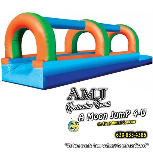33' single-lane orange, green and blue inflatable Slip n Slide water ride rental from AMJ in Chicago