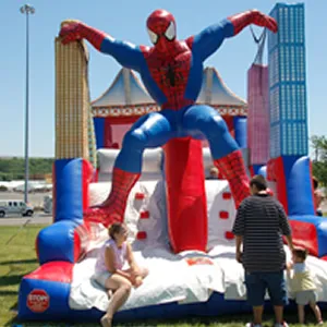 Spiderman 40-foot double-lane inflatable obstacle course rental with city skyline theme