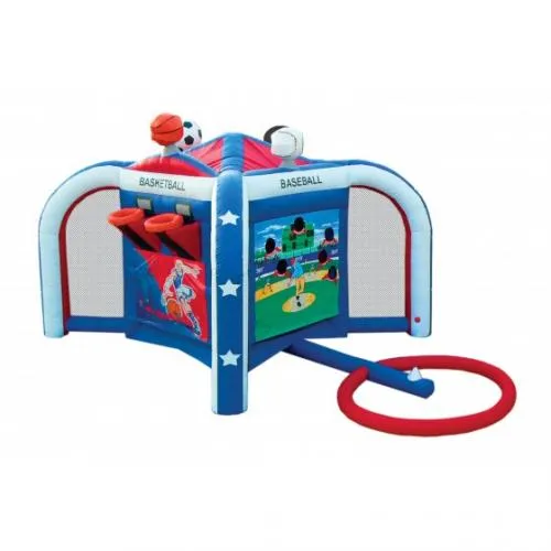 Sports Mania 4 in 1 inflatable with football, basketball, soccer, and baseball game stations on all four sides
